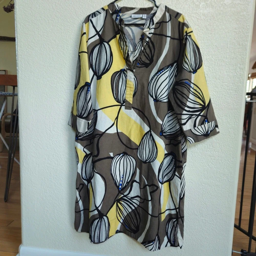 Masai‎ Copenhagen XXL Tunic Top Yellow Brown Linen Cotton Art to Wear Lagenlook